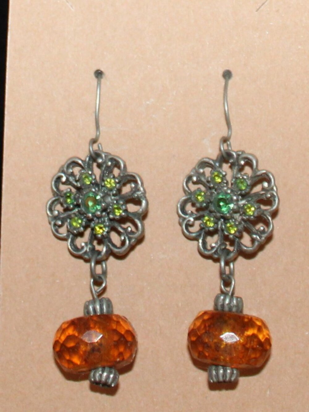 Silver Floral Filigree Dangle Drop Earrings Amber-Colored Beads Green Rhinestone